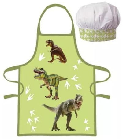damaloo Juego de delantales infantiles con diseño de dinosaurio, gorro de cocinero ajustable y delantal para niños, delantal infantil con gorro para niños y niñas, delantal de cocina infantil como