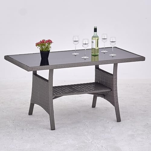 Calma Lux® Polyrattan Gartentisch 120x70x68cm mit Ablage Glas Tischplatte Wetterfest Garten Terrasse Balkon Tisch Esstisch Gartenmöbel (Grau)