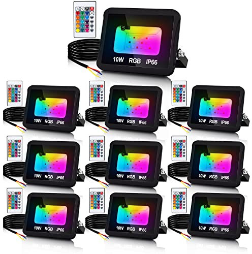 Fiqops RGB LED Strahler Außen 10W 10er, RGB Fluter LED Dimmbar Gartenstrahler mit Fernbedienung 16 Farben 4 Modi IP66 Wasserdicht, Memoryfunktion für Party Außen