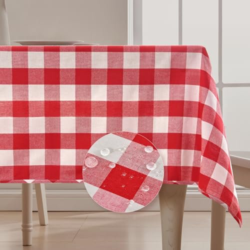 BALCONY & FALCON Rechteck Karierte doppelseitige nutzbare Tischdecken knitterfrei Gingham Wasserabweisende auslaufsichere und waschbare Tischdecke zum Essen Camping Picknick Party, Rot 145 × 300 cm