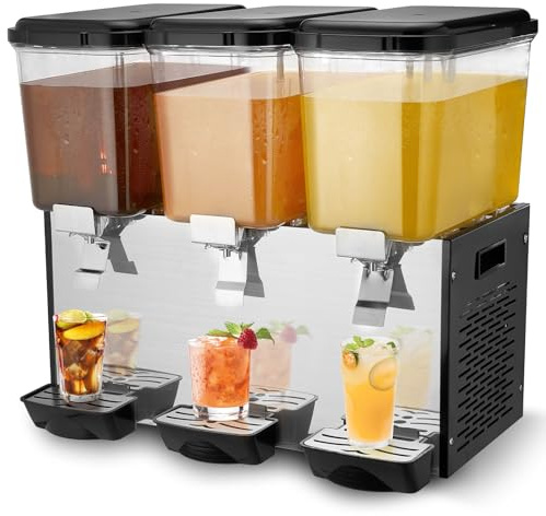 VEVOR Commercial Beverage Dispenser, 3 Tanks 18 L / 19 QT Per Tank Juice Dispenser, 512W Stainless Steel Ice Tea Drink Machine with 45°F-54°F Cooling Temperature, for Cold Drink Restaurant Bar Party