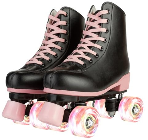 XUDREZ Patins à roulettes pour femmes et filles, patins derby noirs à double rangée, pour jeunes et adultes et débutants (pointure 101,6 à 24,5 cm)