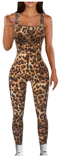 DUHENWU Combinaison de sport pour femme - Léopard - Sans manches - Tenue monobloc - Longue et douillette - Combinaison de sport moulante - Une pièce - Débardeur extensible - Manches longues -