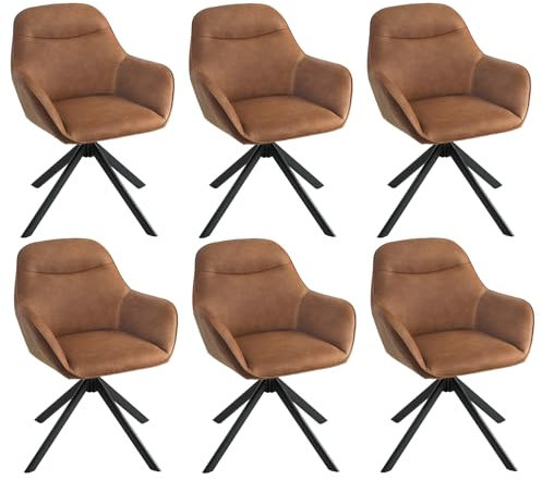 Goeurvant Drehstühle Esszimmer Kunstleder Braun 6er Set Armlehnenstuhl Esszimmerstühle drehbar Polsterstuhl Küchenstuhl mit Armlehne für Esszimmer Wohnzimmer