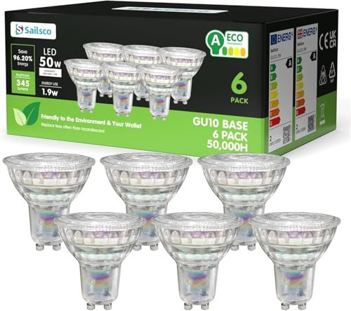 sailsco Energieklasse A GU10 LED Kaltweiss Lampe,1.9W 345LM 6500K Kaltweiß GU 10 Spot Energiesparlampe,50W Glühbirne Ersetzt,36 Grad Abstrahlwinkel G10 Leuchtmittel,Nicht Dimmbar Birne,Glas,6 Stück