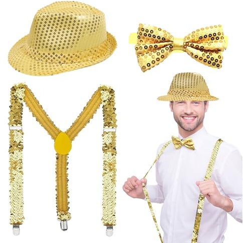 EUPSIIU 3 Stück Gold Pailletten Disco Kostüm Gold Pailletten Hut Hosenträger Pailletten Fliege Jazz Hip-Hop Dance JGA Kostüm Zubehör Erwachsene Kinder Jazz Performance Cosplay Abschlussball