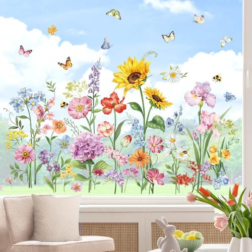 wondever Fenstersticker Blumen Frühling Fenster Aufkleber Garten Blumen Sommer Sonnenblume Iris Fensterbilder Fensteraufkleber Anti-Kollision Doppelseitig Glasaufkleber Glas Deko