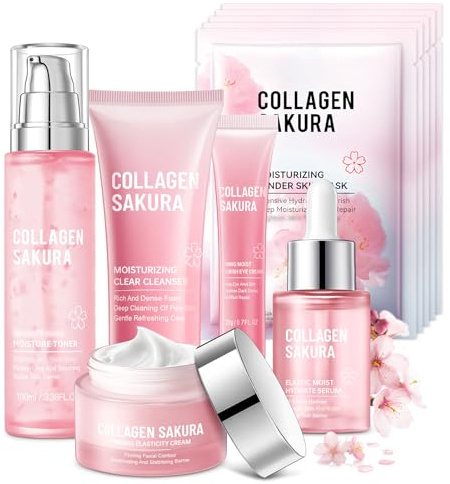 Sakura Skin Care Set for Teen Girls, 10-In-1 Travel Skin Care Kits with Collagen, Hydrates & Soothes, Cherry Blossom Skincare Gift Set for Teens & Women, Moisturize & Repair Skin, Daily Skin Care
