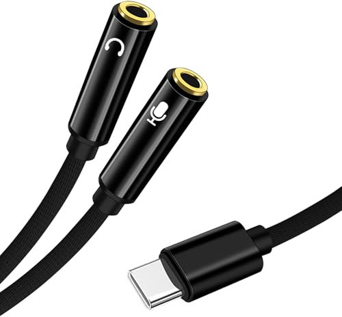 Adaptador de Auriculares USB C a Doble Jack de 3,5mm, Convertidor de Tipo C a Conector TRS para Auriculares y Micrófono, Compatible con Smartphones, Tablets y Portátiles Puerto de Audio de 3,5 mm