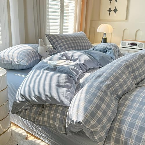 Covebett Bettwäsche 135x200 Kariert Blau Weiß Karo Muster Modern Bettbezug Set Landhausstil Geometrisch Karomuster Renforce Gewaschene Microfaser Deckenbezug und Kissenbezug 80x80 Reißverschluss