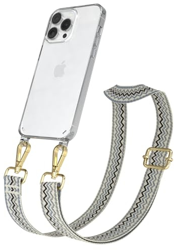 EAZY CASE Handykette - Verstellbares Taschenband kompatibel mit iPhone 14 Pro Max, Schulterriemen, Handykordel mit Silikon Hülle, Umhängetasche, Beige Blau Gold