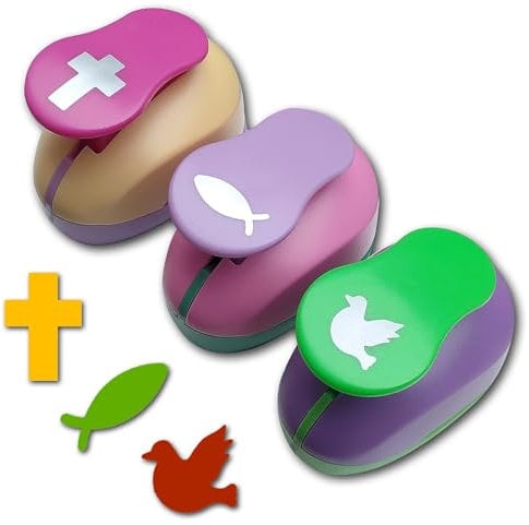 Stanzer Set Papierstanzer Motivstanzer Taube Fisch Kreuz Ausstanzer Set Motivlocher für Papier DIY Scrapbooking Basteln Streudeko, Kommunion, Konfirmation, Taufe 25mm