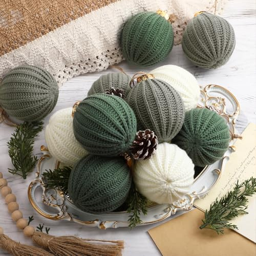 VioraWhite 12 Pcs Sage Green Christmas Ornaments, 3.15 Inch Crochet Christmas Balls Modern Neutral Handmade Knitted Woven Cotton Baubles for Xmas Tree Rustic Farmhouse Holiday Decor