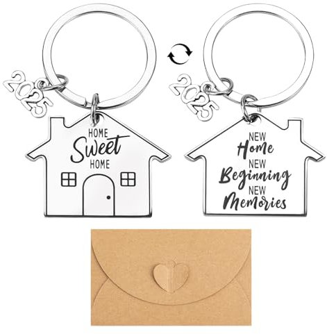 Leikedun Lot de 2 porte-clés « New Home 2025 » - Cadeau de pendaison de crémaillère pour couple - Avec enveloppe, Argenté., taille unique