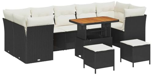 vidaXL Garten-Sofa-Set 10 pcs Schwarz und Creme 90 x 55 x 71 cm, Außen Lounge Set, modernes Garten-Sofa, wetterfest, abnehmbare Kissen, Rattan-Möbel, Terrassenmöbel