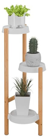 Relaxdays Pflanzenständer, 3 Ablagen, innen, Bambus & Kunststoff, HxBxT: 78 x 28 x 34 cm, Blumenständer, Natur/weiß