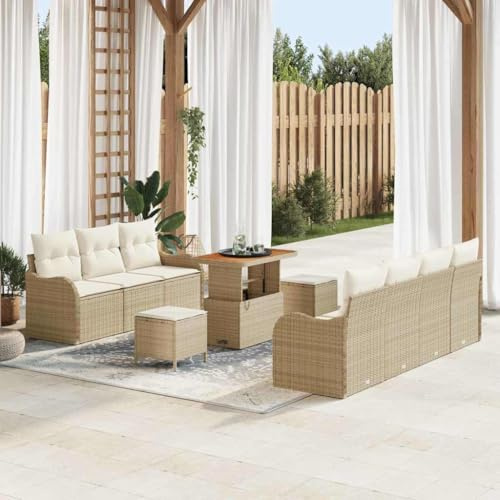 QJBSAVVA 10-Teiliges Garten Lounge Set Beige Poly-Rattan mit Akazienholz Modernes Design Höhenverstellbar Sitzgruppe für 9 Personen Garten Balkon Terrasse