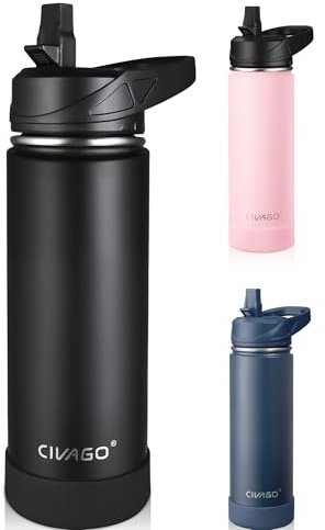 CIVAGO Insulated Stainless Steel Water Bottle with Straw, 500ml Metal Sports Drink Bottle with Handle, Travel Thermal Flask Cup for Gym and Hiking, Black