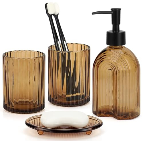 Badezimmer Set of 4 – 330ml Seifenspender, 2 Zahnputzbechern & Seifenschale | Amber Bad Zubehör Set, Badezimmer Organizer für Zahnbürsten&Wattestäbchen, Regenbogen-Muster, Edle Badezimmer Deko