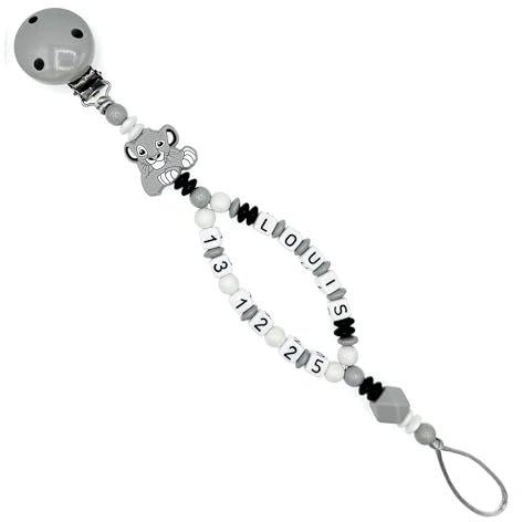 Nuckelkette mit Doppelnamen Geburtsdatum  LÖWE  Hellgrau Schwarz Weiß/Baby/Unisex/Personalisiert/HANDMADE