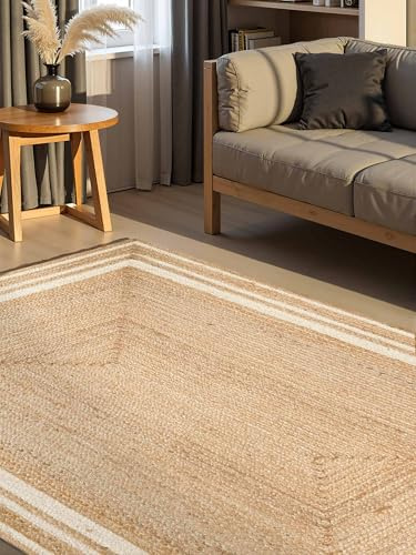 Hanse Home Looma - Jute Teppich, Natürlich & Handgemacht, Naturteppich Robust mit Bordüre, Boho Look Wohnzimmerteppich für Wohnzimmer, Schlafzimmer, Esszimmer, Flur - Natur Gold Elfenbein, 120x170 cm