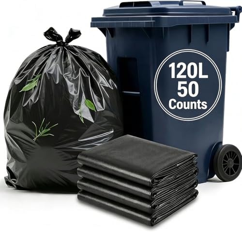 120L Heavy Duty Black Bin Bags Extra Strong Bin Bags, Refuse Sacks 90x100 cm Thickened Garden Waste Bags, Large Rubbish Bags for Office, Kitchen, Hospital, School, Commercial Use - 50Pcs Bin Liners