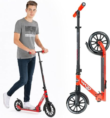 Klappbarer Tretroller mit Federung für Erwachsene und Jugendliche – Verstellbarer Lenker – Große 200-mm-Räder – Leichtes Gestell – Belastbarkeit bis 113 kg – Madd Gear Metro Cruise 250
