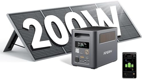 AFERIY 1800W Estación de Energía Portátil 1024Wh con Panel Solar 200W, Ampliable 5120Wh Batería LiFePO4, Generador Solar Carga Pápida en 1H, 9 Salidas, con APP, para Acampada, Jardín y Emergencias