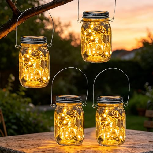 KBIBCK 4 Stück Solarlampen für Außen, 20 LED Solar Mason Jar Licht, Solarlaterne für Außen, Wasserdicht Solarlampen, Wasserdicht Hängende Solarlampen für Garten, Terrasse, Balkon, Party, Outdoor Deko