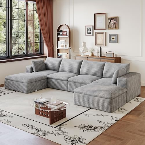 BLUON HOME Cord schlafsofa 4 Personen,Big Sofa,Sofa,340cm Cloud-Sofa aus Corduroy-Stoff, Doppelschicht-Design, abnehmbare Polsterung, ohne Montageanforderungen – ideal für Wohnzimmer (Grey)