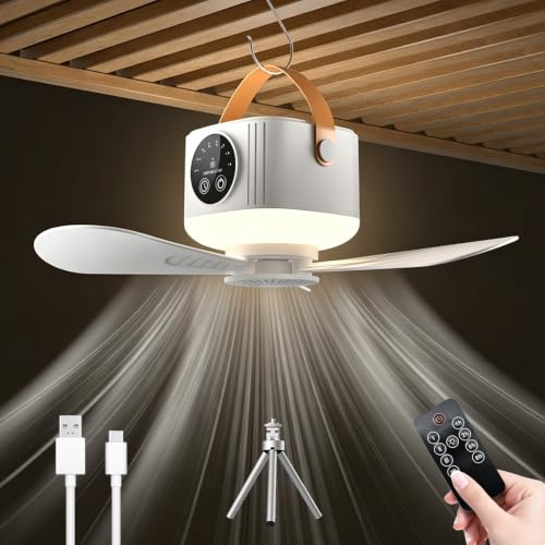 Ventilatore da Soffitto con Luce,Ventilatore da Soffitto con Telecomando | Ventilatore da Campeggio Portatile,USB,3 Velocità,Timer,per Tenda,Gazebo,Camper,Camera da Letto