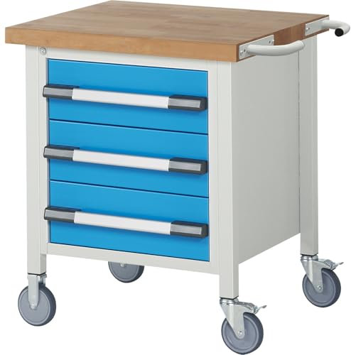 eurokraft | Fahrbare Werkbank Serie 8000 | Gestellbauweise | 3 Schubladen | Ablageboden | BxT 750 x 700 mm