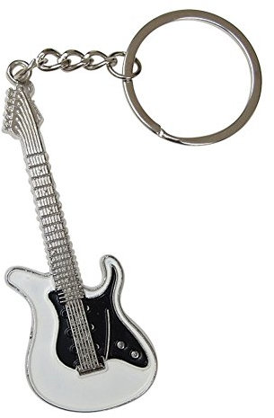 Porte-clés en acier argenté motif guitare électrique blanc et noir.
