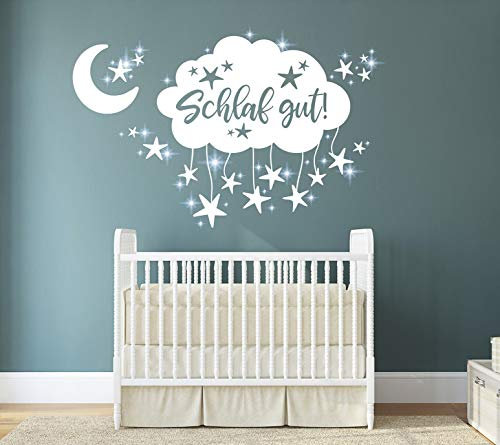 tjapalo® pkm491 Wandtattoo Schlaf gut mit Glitzersteinen Wandaufkleber Mond und Sterne Wanddeko Kinderzimmer Wandaufkleber Babyzimmer, Größe: B100xH58cm, Farbe: mint