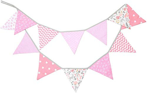 PREMYO Wimpelkette Kinderzimmer Mädchen Stoff - 12 Wimpel Girlande Bunt Beidseitig - Babyzimmer Deko Rosa