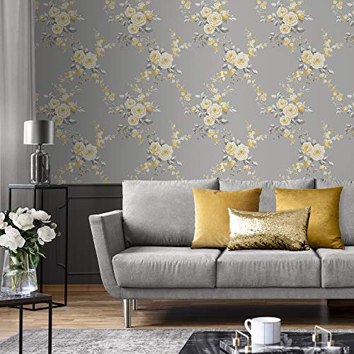 Canterbury Wallpaper Grey/Ochre, One Size
