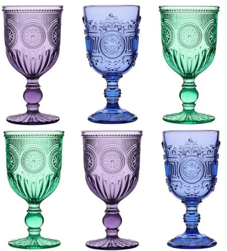 6 Piece Purple, Blue & Green Embossed Wine Glass Set - Dishwasher Safe