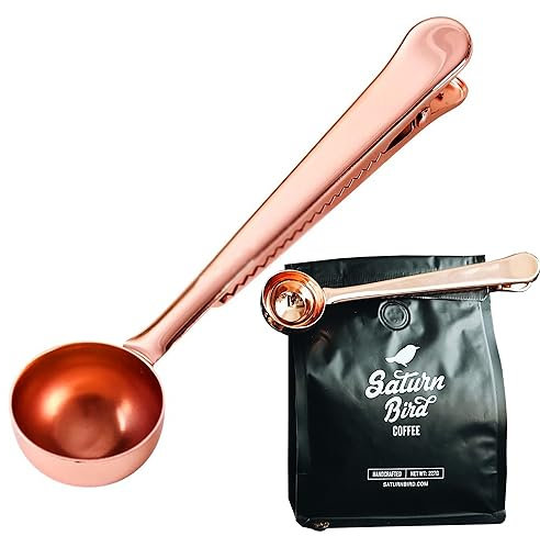 MINGZE Stainless Steel Coffee Measuring Scoop, with Bag Seal Clip Spoon for Milk Powder Tea Oatmeal, for Ground Coffee and Beans, Great Gift Basket Idea (Rose Gold)