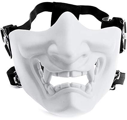 AOUTACC Airsoft Half Face Masks, Evil Demon Monster Kabuki Samurai Hannya Oni Half Face Protective Masks Maskerade Ball, Party, Halloween, Cs War Game (Verstellbarer Riemen, weiß)