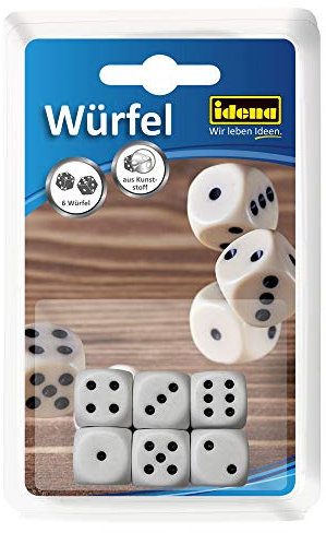 Idena 40211 - Würfelset mit 6 Augenwürfeln, aus stabilem Kunststoff, weiß, Kantenlänge ca. 1,6 cm, für Spieleabende mit Freunden und Familie