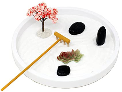 Nature's Mark Mini plateau rond surélevé blanc kit de méditation jardin zen avec fleurs de cerisier, plantes grasses en résine et roches naturelles de rivière