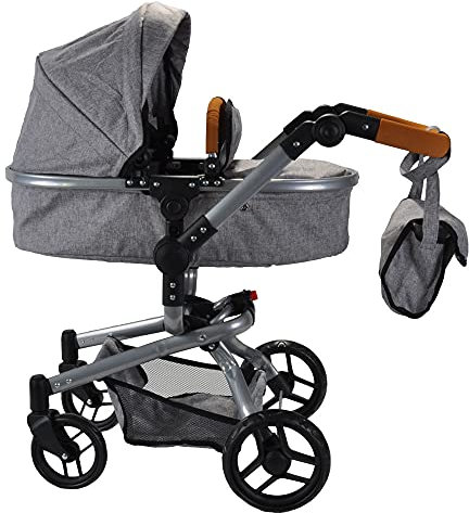 Bandits & Angels Puppenwagen Grau Modern Angel 2in1 Grau limitiert ab 3 Jahren – Puppenwagen – Für Mädchen – Verstellbare Schiebestange 48-81 cm – Vollständig zusammenklappbar – Mit Einkaufskorb
