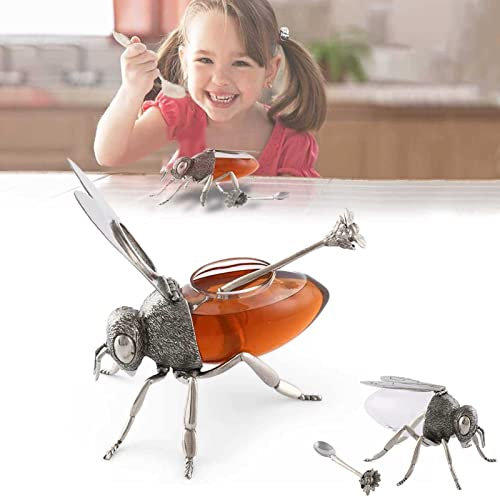 Tarro de miel de abejas de lujo con cucharón de abejas de cristal transparente, bonito tarro de miel de metal creativo de estilo retro para almacenar