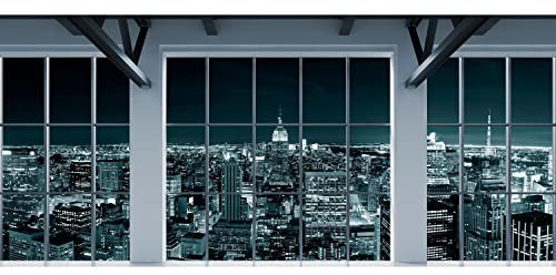 decomonkey Fototapete Fenster New York Nacht 550x250 cm Eckfototapete Design Tapete Fototapeten Tapeten Wandtapete moderne Wand Schlafzimmer Wohnzimmer Skyline Manhattan City 3d effekt Schwarz Grau