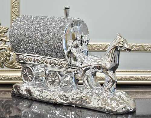DEENZ Silver Horse With Wagon Gypsy Crushed Diamond Carriage Ornament Shelf Sitter