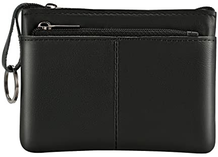 Lidwot Portamonete in vera pelle, mini portamonete con cerniera, portamonete con portachiavi, 3 cerniere, nero, Portafoglio portamonete con portachiavi 3 cerniere