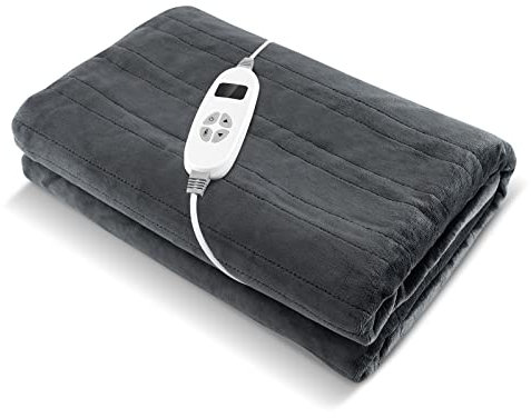 COSTWAY Electric Heated Throw Blanket, Extra Large Electric Over Blanket with 10 Heat Settings, 9-Hour Timer Function & Digital Remote, Machine Washable Luxury Flannel Heating Throw(Grey,180x130cm)