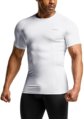 TSLA CLSL Men's UPF 50+ Quick Dry Short Sleeve Compression Shirts, Athletic Workout Shirt, Water Sports Rash Guard, Athletic Top Off White, Medium