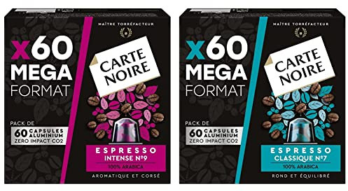 CARTE NOIRE - Capsules de Café Espresso Intense N°9 Compatibles Nespresso - Lot de 4 x 60 Capsules Aluminium & Capsules de Café Espresso Classique N°7 Compatibles Nespresso - Lot de 4 x 60 Capsules