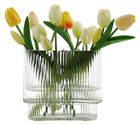Dinyeo Moderne geriffelte Vase, groß, Glas, geriffelt, transparent, für Blumen, Heimdekoration, 18,3 cm hoch